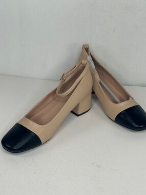 Joia Kristina Beige and Black Two-Tone Ankle-Strap Block Heel Pumps Sz 41